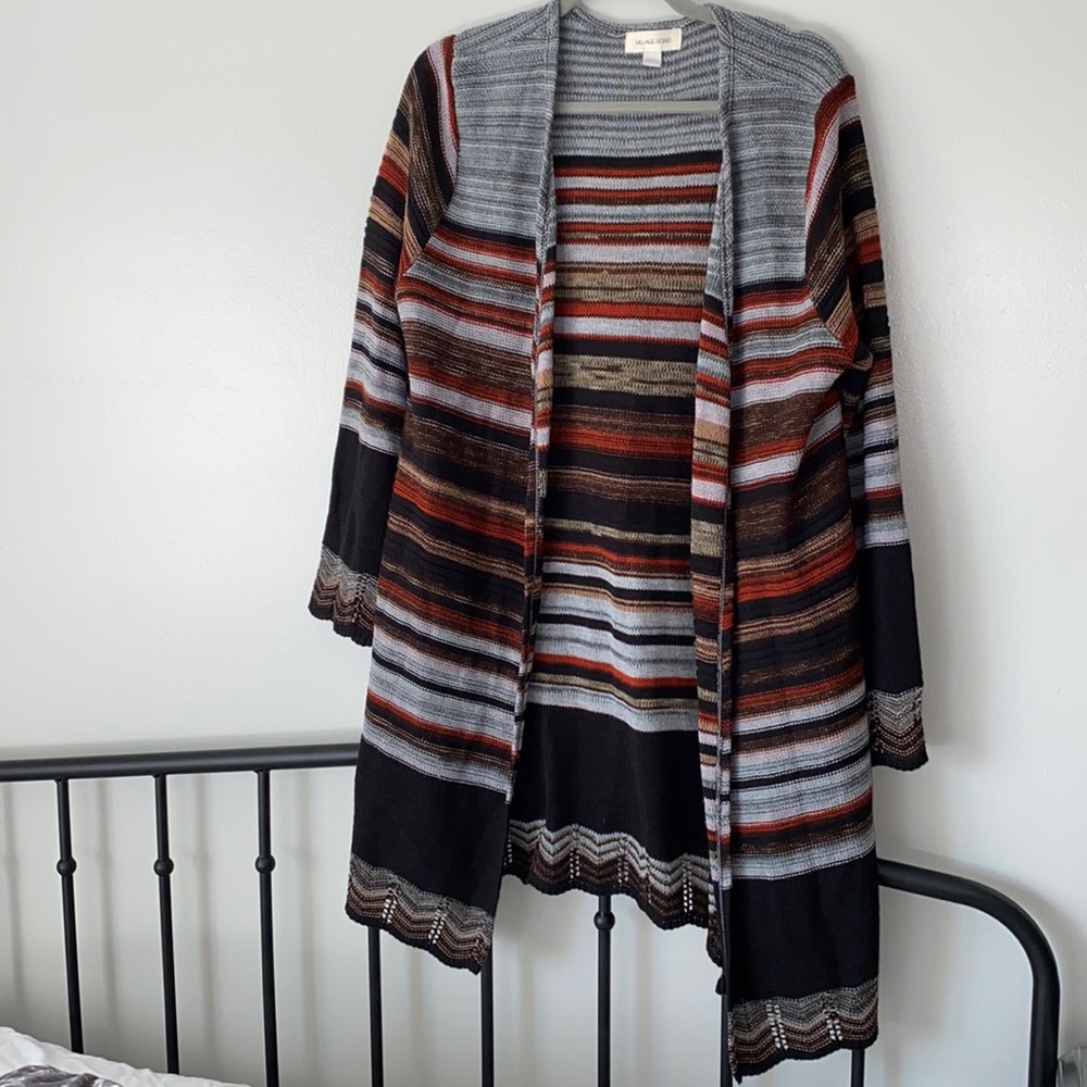 Long knit multi-color striped sweater